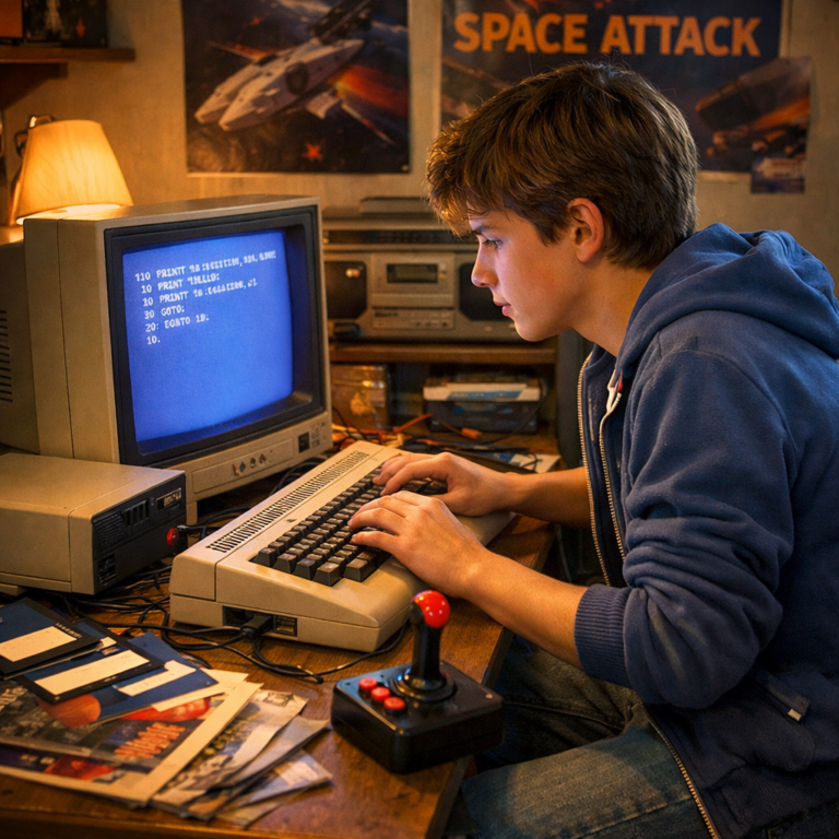 egy fiú egy régi számítógépnél